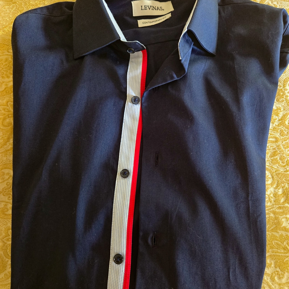 Men's Navy Dress Shirt With Ribbon and Cuff Detail
